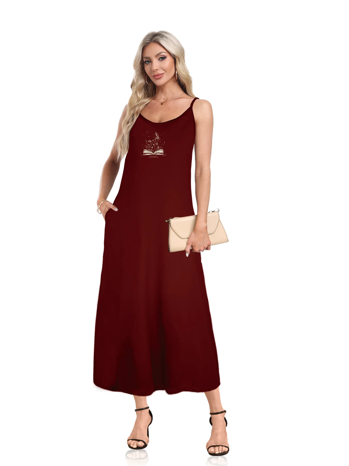 Intricate Blooming Book Graphic Print Spaghetti Strap Dress Casual Sleeveless Cami Dress Women's Clothing