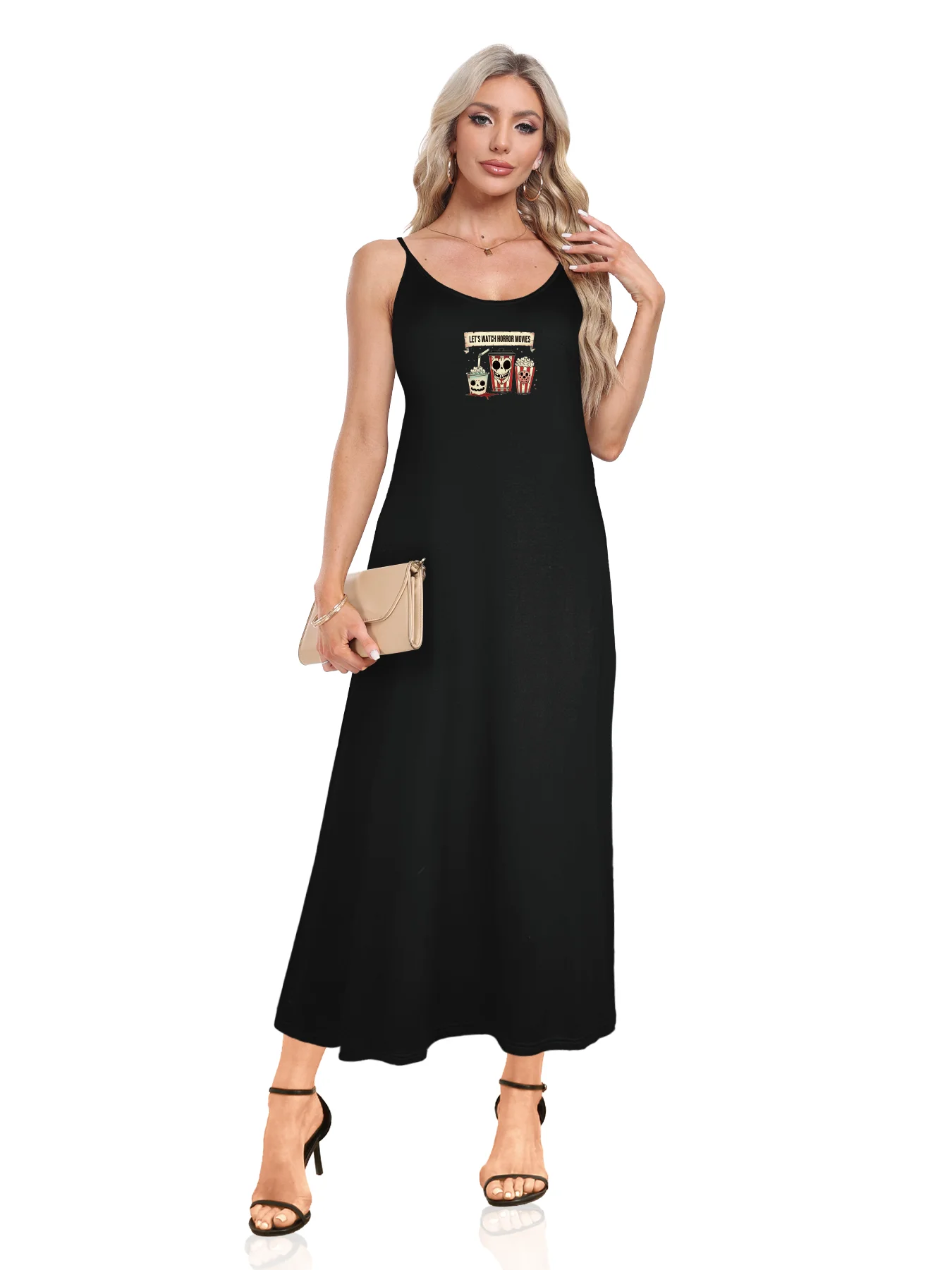 Fun And Eerie Popcorn And Skull Graphic Print Spaghetti Strap Dress Casual Sleeveless Cami Dress Women's Clothing