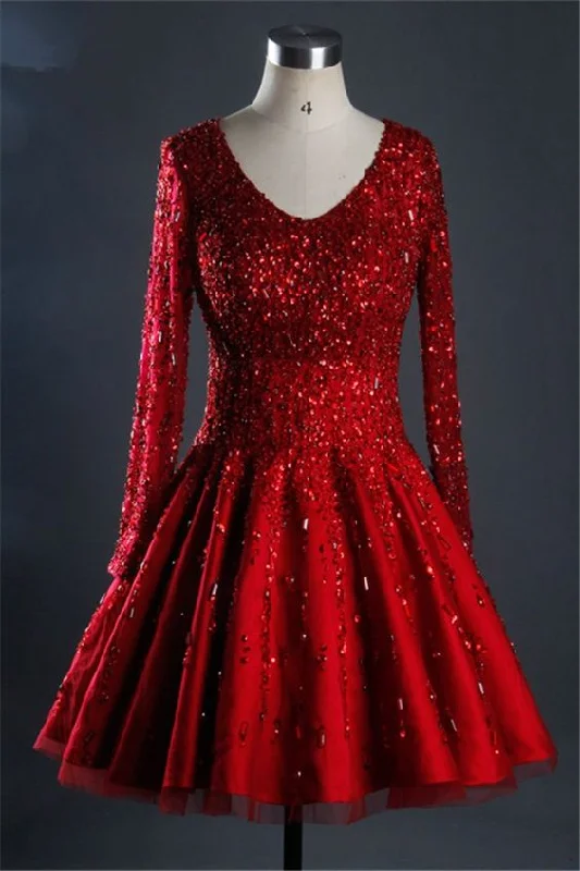 Gorgeous Ball Gown Short Red Satin Tulle Beaded Dress With Sleeves Homecoming Dresses cg19432 Gorgeous Ball Gown Short Red Satin Tulle Beaded Dress With Sleeves Homecoming Dresses cg19432