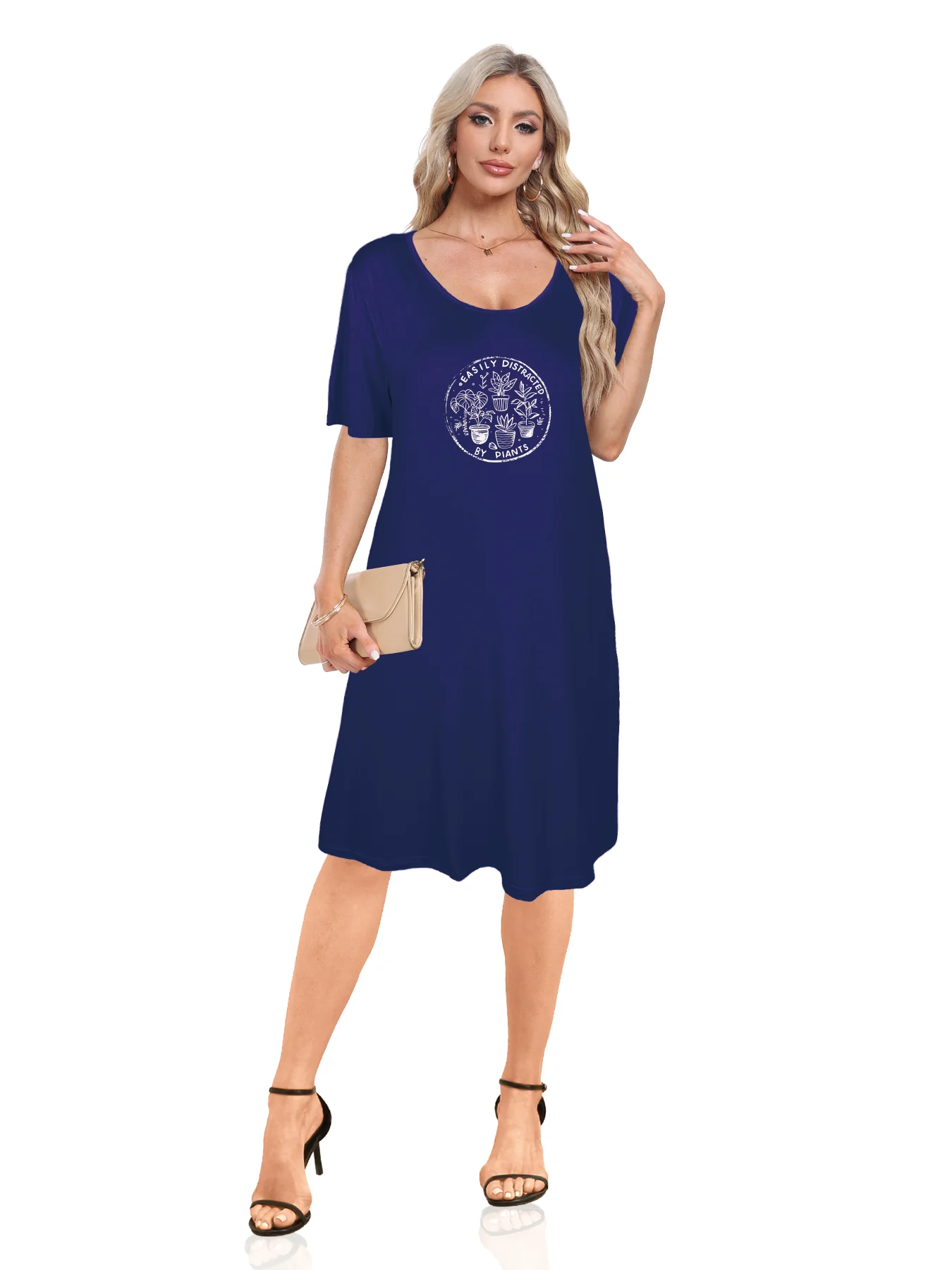 Charming Potted Plants With Playful Print Dual Pockets Dress Casual Short Sleeve Tee Dress For Spring & Summer Women's Clothing Charming Potted Plants With Playful Print Dual Pockets Dress Casual Short Sleeve Tee Dress For Spring & Summer Women's Clothing