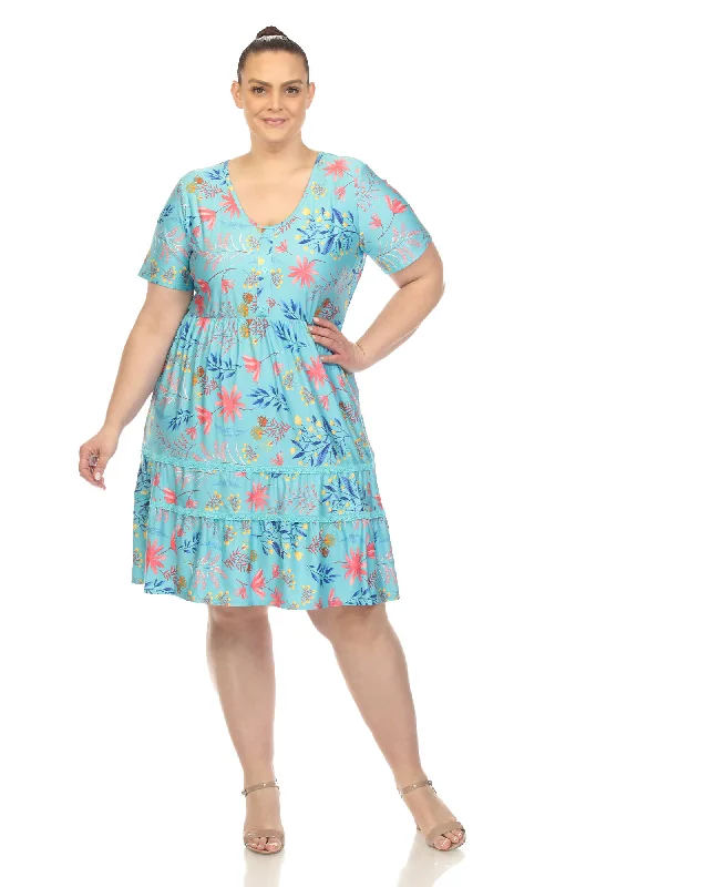 White Mark  Floral Short Sleeve Knee Length Dress | Blue