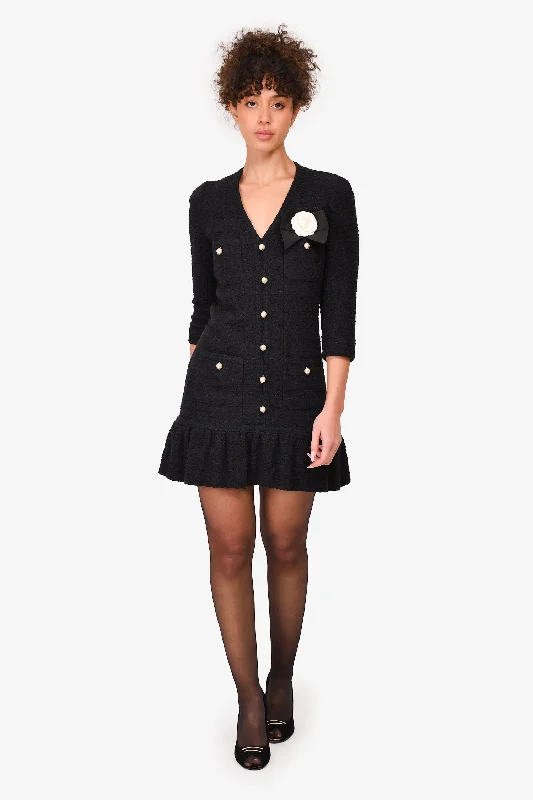 Edward Achour Black Tweeed Flower/Pearl Buttoned Dress Size 38