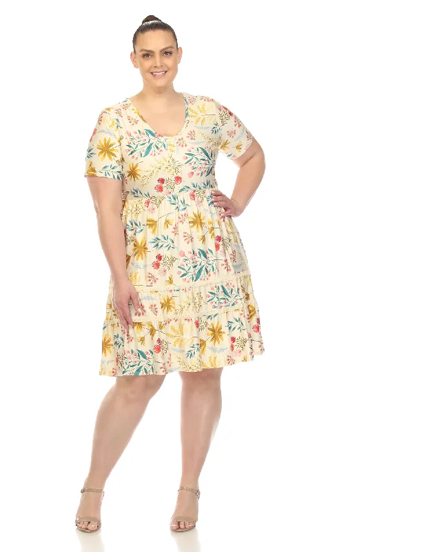 White Mark  Floral Short Sleeve Knee Length Dress | Beige