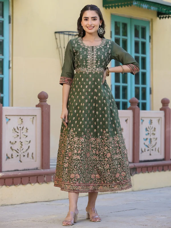 Olive Green Ethnic Motif Printed Chanderi Dress With Sequins & Zari Work