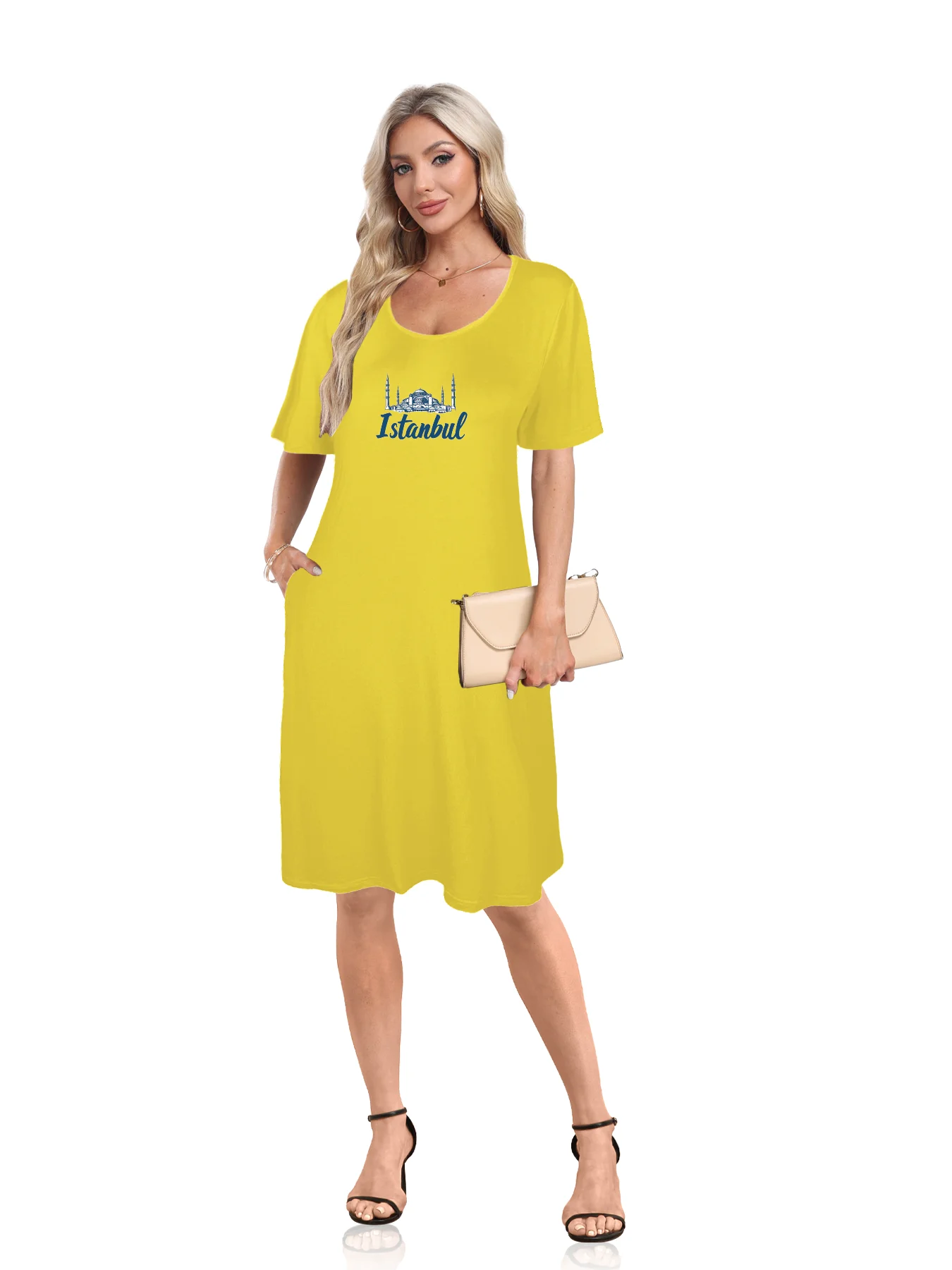 Istanbul Skyline With Bold Istanbul Print Dual Pockets Dress Casual Short Sleeve Tee Dress For Spring & Summer Women's Clothing Istanbul Skyline With Bold Istanbul Print Dual Pockets Dress Casual Short Sleeve Tee Dress For Spring & Summer Women's Clothing