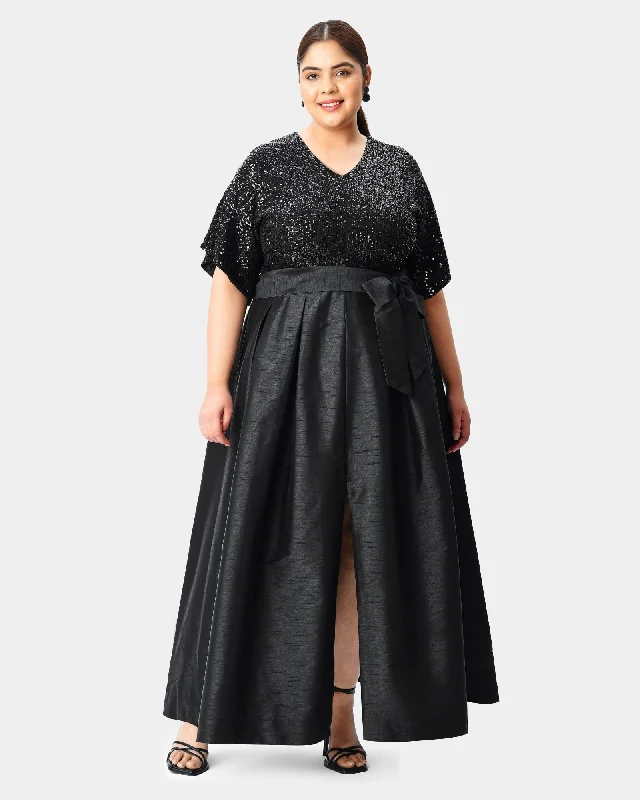 Sequin mesh and dupioni sash-tie v-neck dress | Black