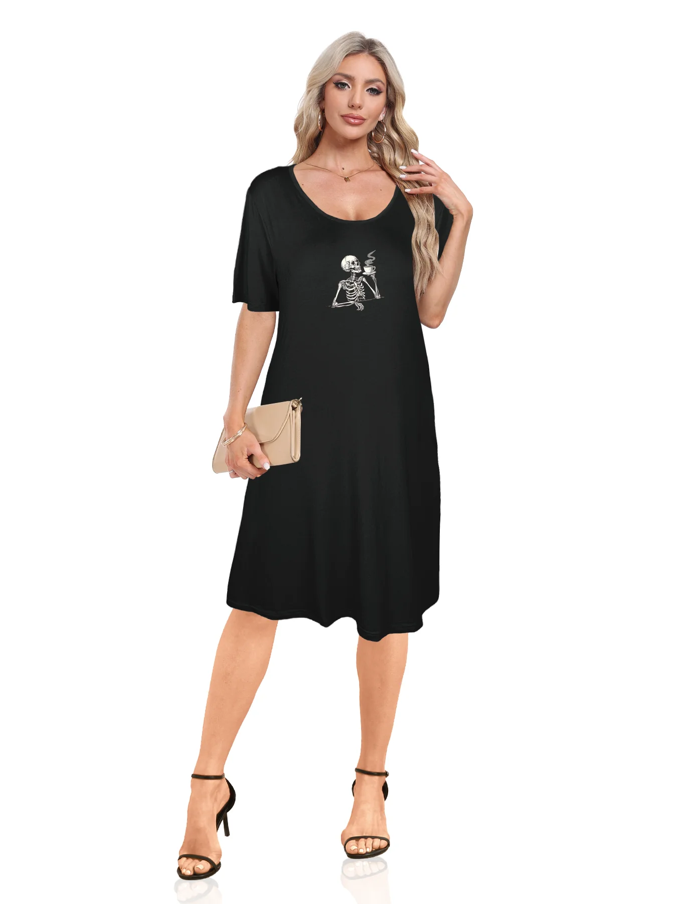 Unique Skeleton Drinking Coffee Print Dual Pockets Dress Casual Short Sleeve Tee Dress For Spring & Summer Women's Clothing Unique Skeleton Drinking Coffee Print Dual Pockets Dress Casual Short Sleeve Tee Dress For Spring & Summer Women's Clothing