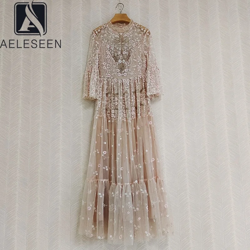 AELESEEN Designer Maxi Dress Runway Long Flare Sleeve Ruffled Beading Sequined Mesh Flower Embroidery Dresses Classic Strapless Maxi Dress AELESEEN Designer Maxi Dress Runway Long Flare Sleeve Ruffled Beading Sequined Mesh Flower Embroidery Dresses Classic Strapless Maxi Dress