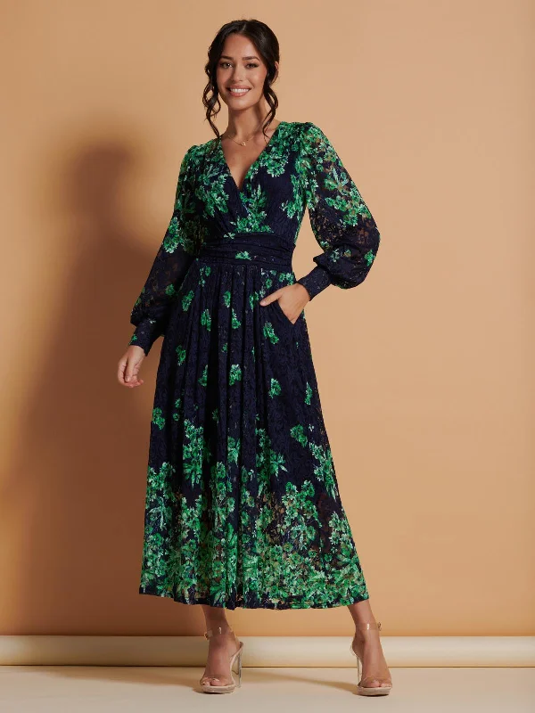 Amica Symmetrical Print Lace Maxi Dress, Green Floral Fashionable Asymmetrical Maxi Dress Amica Symmetrical Print Lace Maxi Dress, Green Floral Fashionable Asymmetrical Maxi Dress