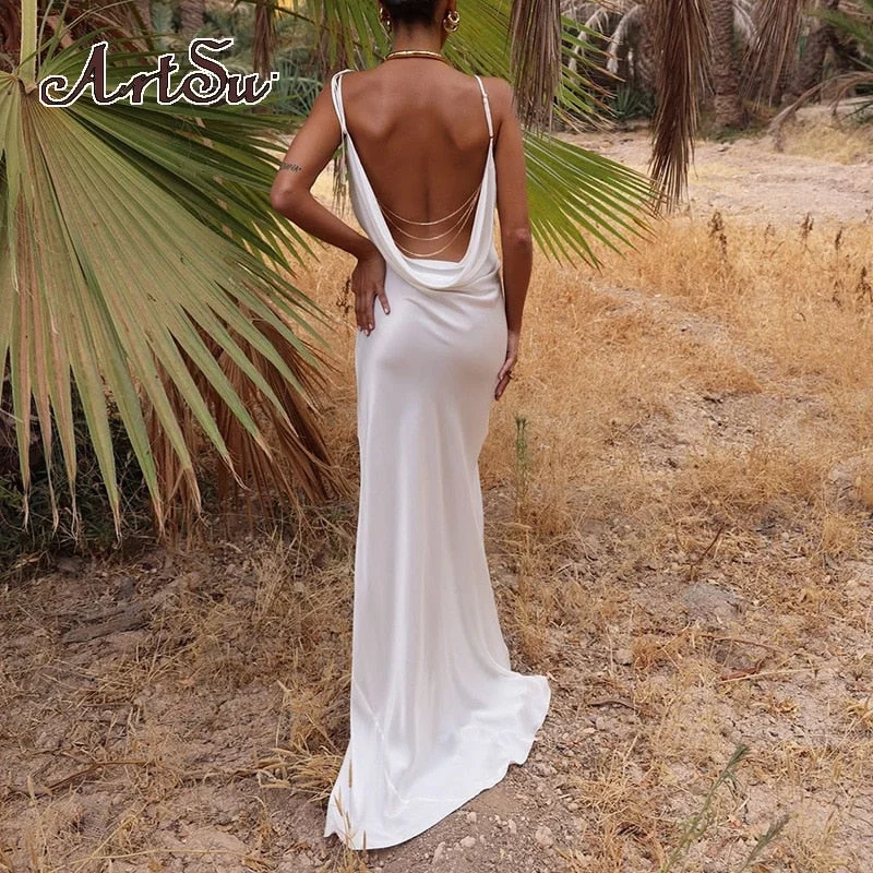 Artsu Chain Patchwork Women Soild Satin Strap Maxi Dress Loose Backless Sexy Festival Clothing Elegant Club Dresses Trendy Printed Maxi Dress Artsu Chain Patchwork Women Soild Satin Strap Maxi Dress Loose Backless Sexy Festival Clothing Elegant Club Dresses Trendy Printed Maxi Dress