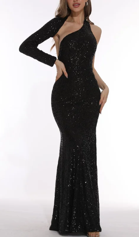 BLACK BODYCON FIT SEQUIN MAXI DRESS Elegant Maxi Dress with Ruffles