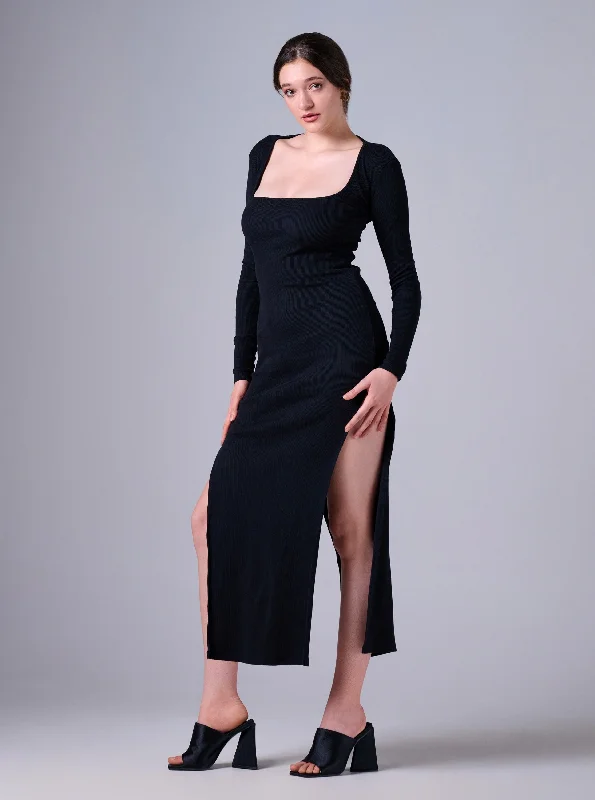 BLACK BRUSHED RIB DOUBLE SPLIT HEM MAXI DRESS Cozy Open-Back Maxi Dress