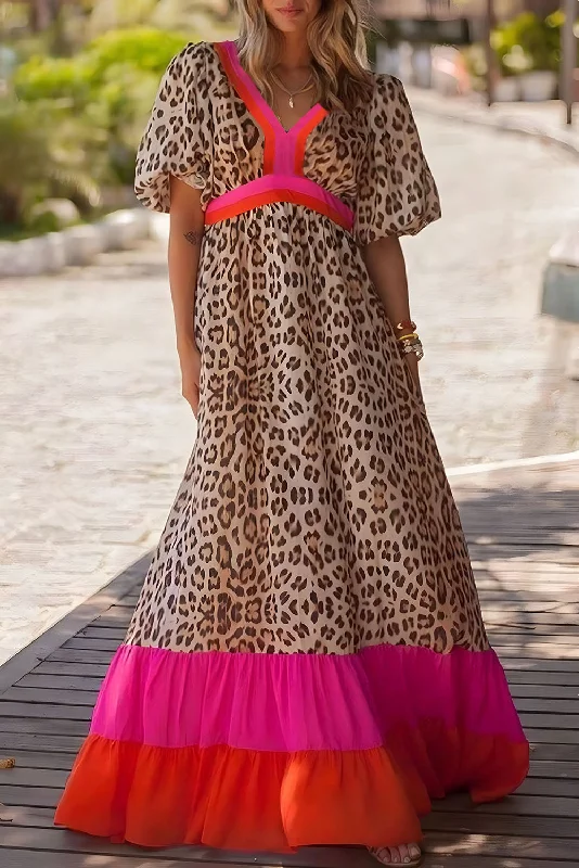 Blue Zone Planet | Bright Pink Leopard Colorblock Patchwork Bubble Sleeve Maxi Dress Classic Solid Maxi Dress Blue Zone Planet | Bright Pink Leopard Colorblock Patchwork Bubble Sleeve Maxi Dress Classic Solid Maxi Dress