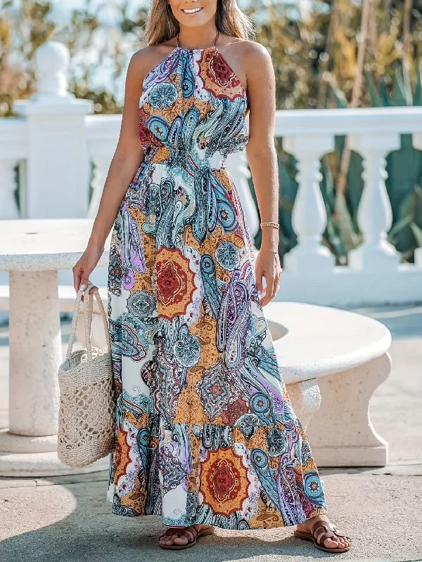 Blue Zone Planet |  Printed Halter Neck Maxi Dress Stylish Boho Maxi Dress