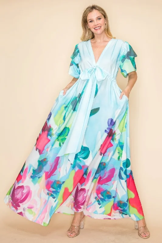 Blue Zone Planet |  Printed V Neck Maxi Dress Comfortable Maxi Dress with Slits
