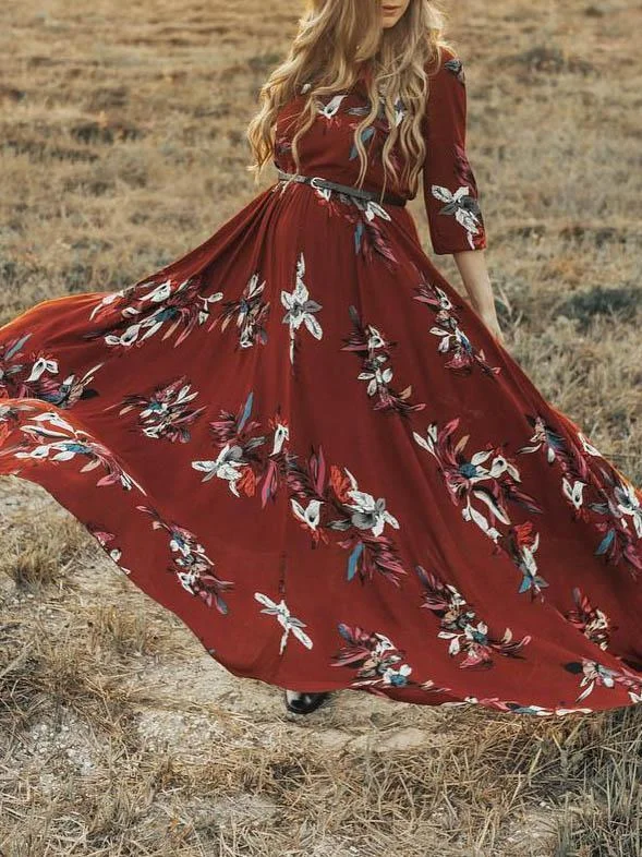 Bohemia Printed Three-quarter Sleeve Maxi Dresses Elegant Maxi Dress with Slit