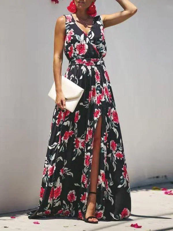 Bohemian Large Flower Print Slit V-Neck Sleeveless Large Swing Maxi Dress Chic Button-Up Maxi Dress Bohemian Large Flower Print Slit V-Neck Sleeveless Large Swing Maxi Dress Chic Button-Up Maxi Dress