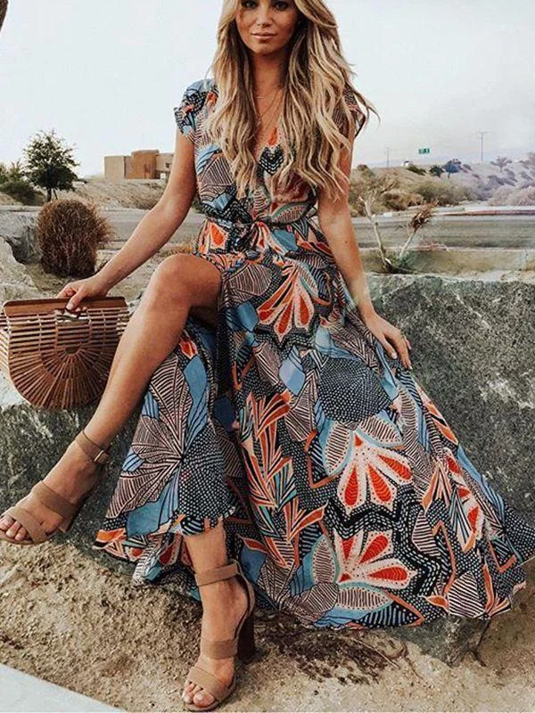 Bohemian Print V-Neck Short Sleeve Large Swing Maxi Dress Elegant Sleeveless Maxi Dress Bohemian Print V-Neck Short Sleeve Large Swing Maxi Dress Elegant Sleeveless Maxi Dress
