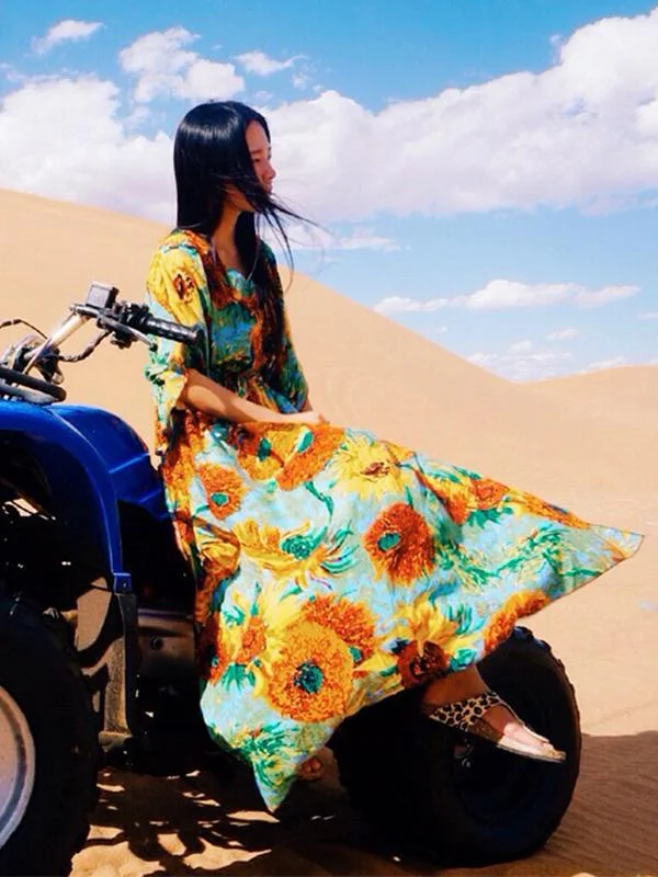 Boho Batwing Sleeves Sunflower Printed Maxi Dress Chic Sleeveless Maxi Dress
