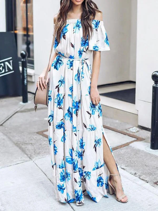 Boho Off Shoulder Side Slit Beach Long Maxi Dress Trendy Satin Maxi Dress