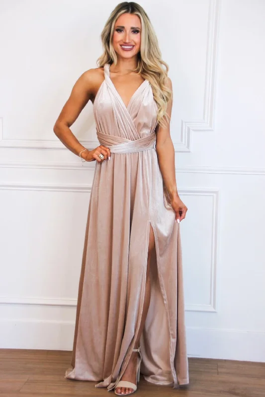 Classic Wrap Maxi Dress: Champagne VELVET Elegant Wraparound Maxi Dress