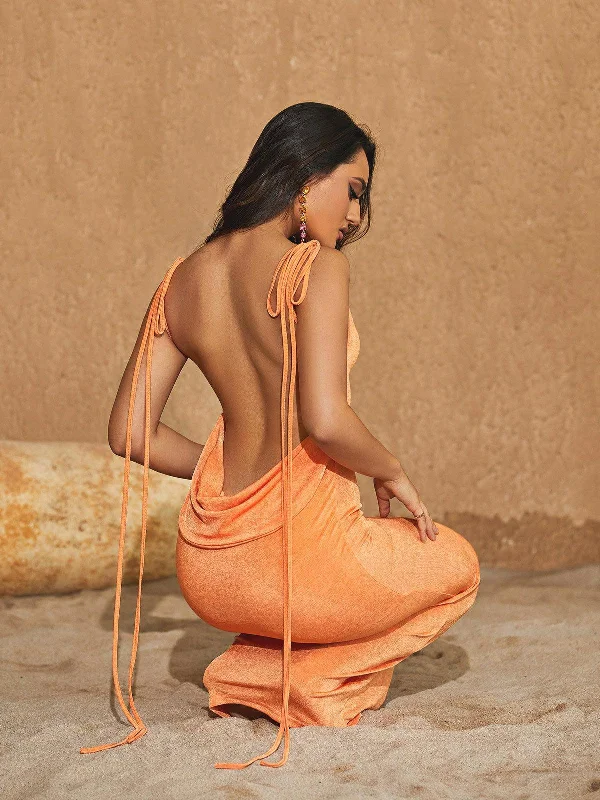 Egypt Backless Maxi Dress In Orange Trendy Button Front Maxi Dress