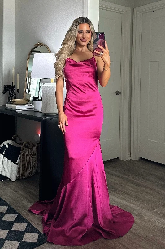 Ezra Cowl Back Satin Maxi Dress: Magenta Comfortable T-Shirt Maxi Dress