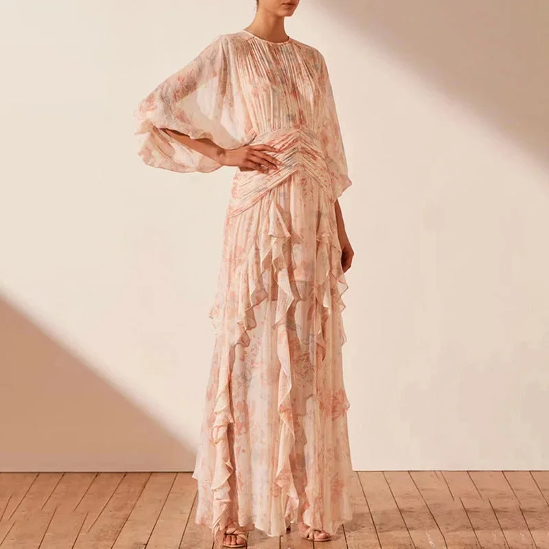 Fashion Ruffled Long Sleeves Maxi Dresses Cozy Ribbed Maxi Dress