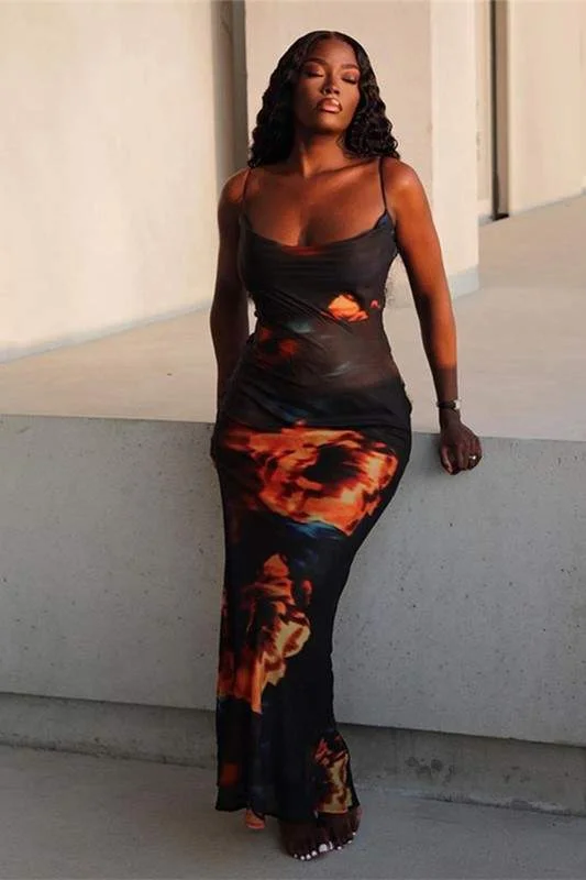 FIRE PRINT MAXI DRESS Stylish Button-Up Maxi Dress