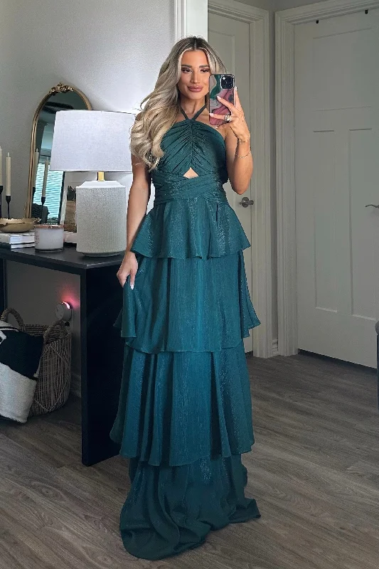 Gabriela High Neck Tiered Ruffle Shimmer Maxi Dress: Hunter Green Elegant Floral Maxi Dress Gabriela High Neck Tiered Ruffle Shimmer Maxi Dress: Hunter Green Elegant Floral Maxi Dress