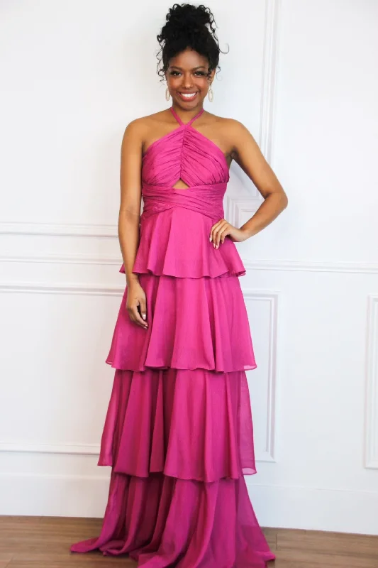 Gabriela High Neck Tiered Ruffle Shimmer Maxi Dress: Magenta Elegant Lace-Up Maxi Dress