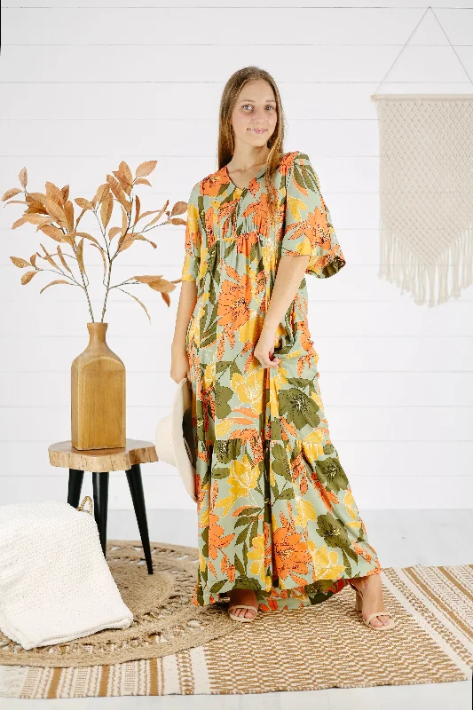 Giana Floral Maxi Dress - Sage Fashionable Off-Shoulder Maxi Dress