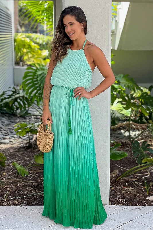 Green Ombre Pleated Maxi Dress Stylish Boho Chic Maxi Dress