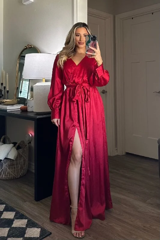 Jordana Long Sleeve Satin Maxi Dress: Burgundy Elegant Sleeveless Maxi Dress