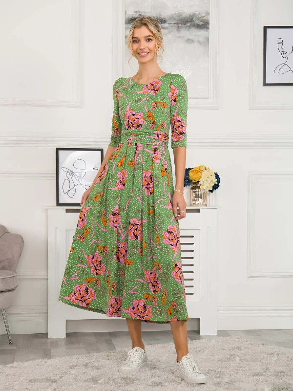 Kimberly Jersey 3/4 Sleeve Maxi Dress, Green Floral Cozy Spaghetti Strap Maxi Dress