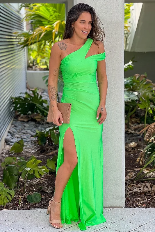 Kiwi One Shoulder Maxi Dress With Cut Out And Slit Comfortable Maxi Dress with Slits Kiwi One Shoulder Maxi Dress With Cut Out And Slit Comfortable Maxi Dress with Slits