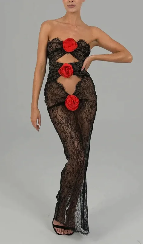 LACE SHEER FLOWER APPLIQUE CUT-OUT MAXI DRESS Comfortable Bohemian Maxi Dress