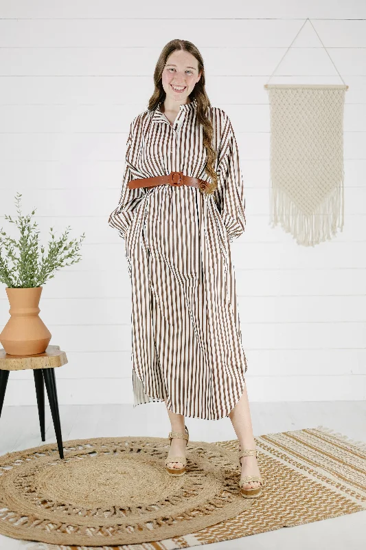 Larkin Stripe Maxi Dress - Mocha Stylish Maxi Dress with Pleats