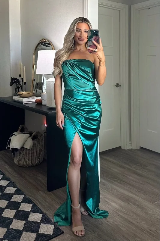 Lowen One Shoulder Satin Maxi Dress: Emerald Green Elegant Lace-Up Maxi Dress
