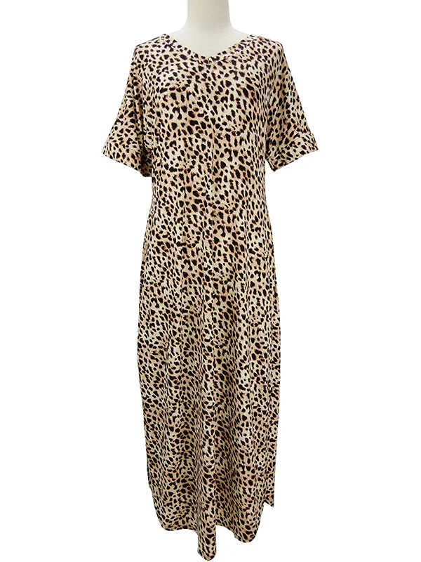 Leopard V-Neck Short Sleeve Maxi Dress with Pockets Comfortable Bohemian Maxi Dress