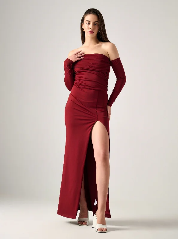 Mira LONG SLEEVE RUCHED MAXI DRESS WITH SIDE SPLIT Comfortable Casual Maxi Dress