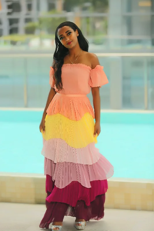 Miss You More Pleated Ruffle Color Maxi Dress Elegant Tiered Maxi Dress