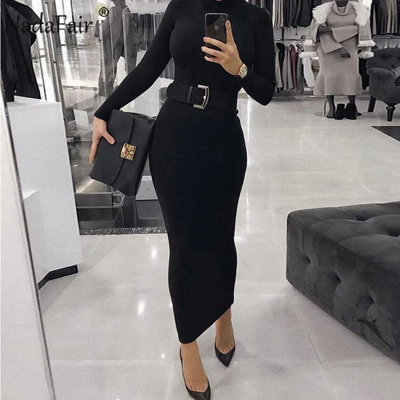 Nadafair Sexy Women Dress Long Sleeve Turtleneck Autumn Winter Solid Casual Basic Black White Bodycon Slim Maxi Dress For Women Comfortable T-Shirt Maxi Dress