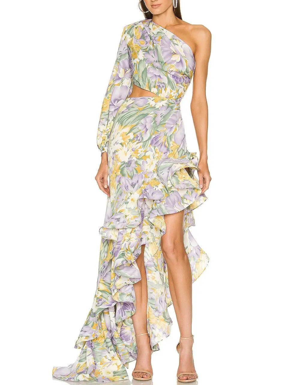 One Shoulder Floral Ruflles Long Chiffon Maxi Dress Trendy Off-Shoulder Ruffle Maxi Dress One Shoulder Floral Ruflles Long Chiffon Maxi Dress Trendy Off-Shoulder Ruffle Maxi Dress