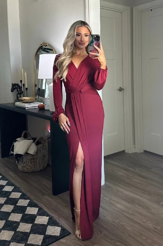 Phoebe Long Sleeve Maxi Dress: Burgundy Cozy Maxi Dress with Slit