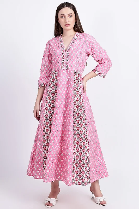 Panelled Cotton Maxi Dress - Pink Elegant Boho Maxi Dress