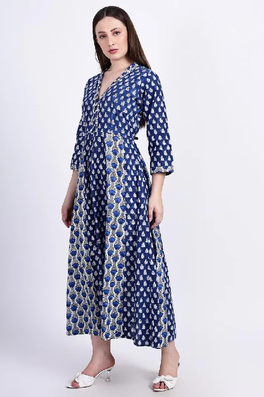 Panelled Cotton Maxi Dress - Blue Cozy Maxi Dress with Slit