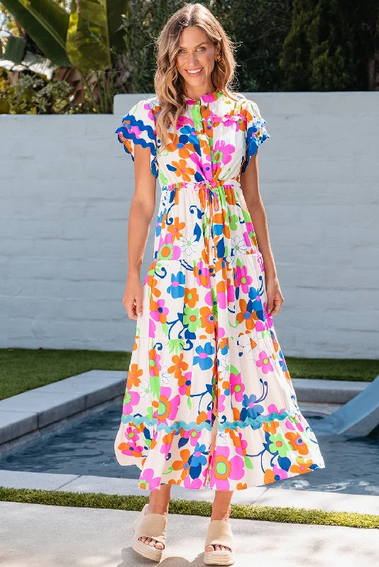 Blue Zone Planet | Pink Ricrac Trim Flutter Sleeve Buttoned Floral Maxi Dress Fashionable High-Low Maxi Dress Blue Zone Planet | Pink Ricrac Trim Flutter Sleeve Buttoned Floral Maxi Dress Fashionable High-Low Maxi Dress