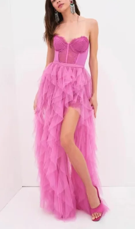 PINK STRAPLESS LACE PATCHWORK MESH MAXI DRESS Comfortable Pleated Maxi Dress