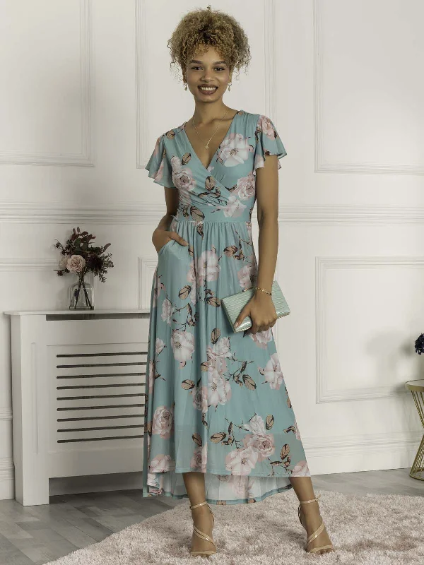 Piper Dip Hem Mesh Maxi Dress, Green Floral Comfortable Maxi Dress with Sleeves